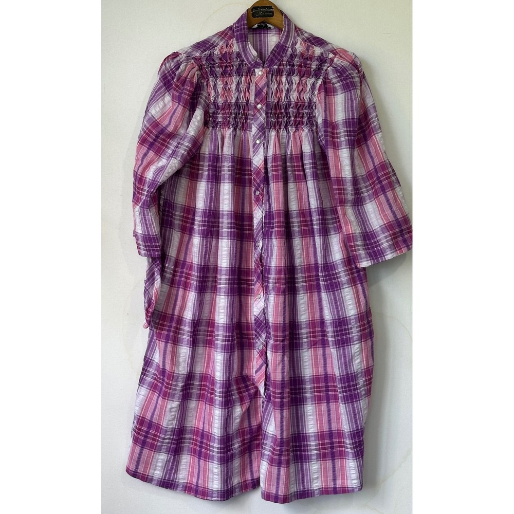 Coffee Coats Saybury Plaid Smocked Robe Duster Comfort Womens L Purple